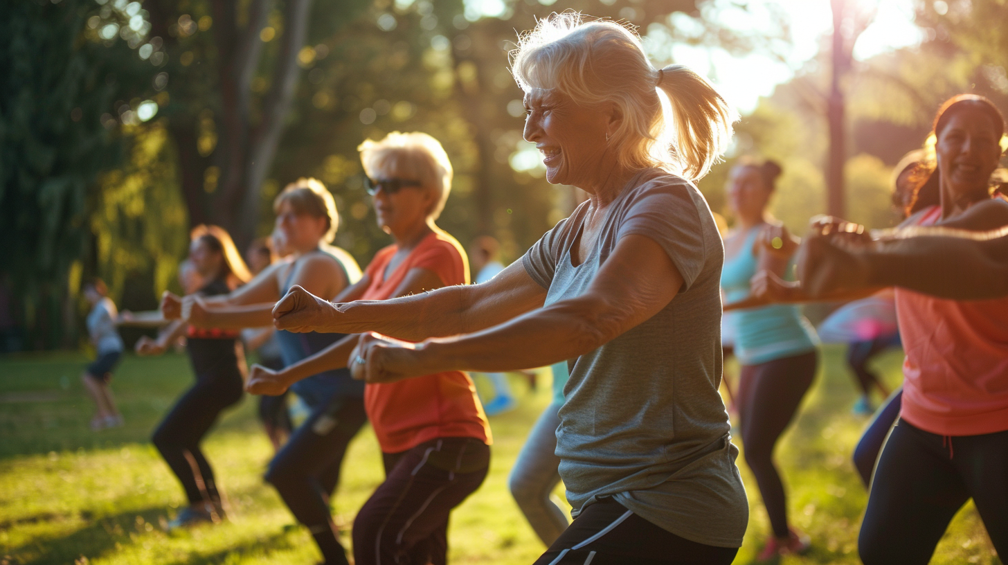 Група людей різного віку займається активними вправами на свіжому повітрі